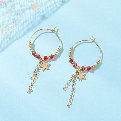Красный Серьги-кольца из стекла в форме звезды, с латунным кабельных цепей, золотые, красные, 64.5x26.5 мм