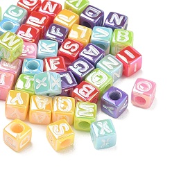Mixed Color Plating Opaque Acrylic Beads, Iridescent, Cube with Letter, Mixed Color, 7x7x7mm, Hole: 3.8mm