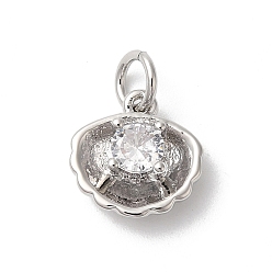 Platinum Rack Plating Brass Clear Cubic Zirconia Charms, with Jump Ring, Long-Lasting Plated, Cadmium Free & Lead Free, Sea Shell, Platinum, 14x10x4mm, Hole: 3mm