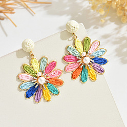 Разноцветный Серьги-гвоздики из цветочного сплава из рафии, с пластиковым жемчугом и хрустальными стразами, золотые, красочный, 60x45 мм