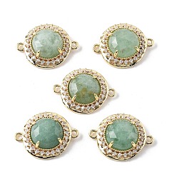 Зеленый Авантюрин Граненые подвески-коннекторы из натурального зеленого авантюрина, латунные микро-паве прозрачные кубические цирконии плоские круглые драгоценные камни звенья, золотые, стойки покрытие, 21x16x7 мм, отверстие : 1.6 мм