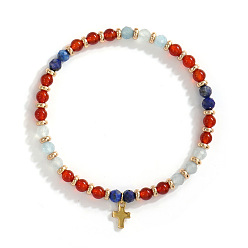 Смешанные камни Винтажные латунные браслеты с крестиками-подвесками, браслеты из натуральных смешанных драгоценных камней с круглыми бусинами для женщин и мужчин, 6.89 дюйм (17.5 см)