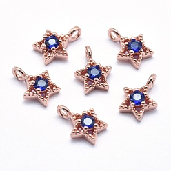 Розовый Позолоченный Латунь прелести, с кубического циркония, без кадмия, без никеля и без свинца, звезда, синие, Настоящее розовое золото покрыто, 11x7.5x4 мм, отверстие : 2 мм