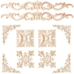 Moccasin Rubber Wood Flower Carved Corner Decor, Ornate Wall Accent for Home & Furniture Decoration, Moccasin, 48~131x70~350x7~17.5mm, 10pcs