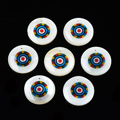Dodger Blue Printed Freshwater Shell Charms, with Enamel, Flat Round, Dodger Blue, 17.5~18.5x2.5~3.5mm, Hole: 1.2mm