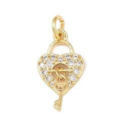 Настоящее золото 18K Латунные микро проложить кубического циркония прелести, сердечный замок с ключом, без кадмия и без свинца, стойки покрытие, долговечный, с целью перехода в кольце, реальный 18 k позолоченный, 14x9.5x2.5 мм, отверстие : 3.4 мм
