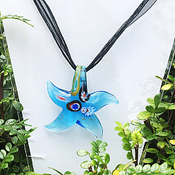 Темно-Голубой Ожерелья из шелковой ленты с подвеской из стекла «Миллефиори» в виде морской звезды, глубокое синее небо, 17.72 дюйм (45 см)