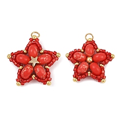 Красный Подвески из стеклянного бисера ручной работы и синтетических окрашенных бусин императорской яшмы, звезда, с 304 петлей из нержавеющей стали с открытыми кольцами, красные, 27x28.5x8.5 мм, отверстие : 3 мм