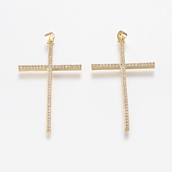 Прозрачный Латунные микро проложить кубического циркония большие кулоны, крестик, никель свободный и свинец и кадмий освобождают, золотые, прозрачные, 50x30x3 мм, отверстие : 4x4 мм