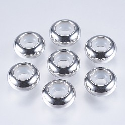 Stainless Steel Color 201 Stainless Steel Beads, with Plastic, Slider Beads, Stopper Beads, Rondelle, Stainless Steel Color, 9x4.5mm, Hole: 3mm