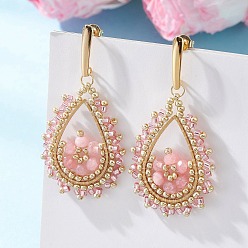 Pink Серьги-гвоздики со стеклянными бусинами и окрашенным натуральным малайзийским нефритом, золотые, с 304 серьгами из нержавеющей стали, розовые, 51.5x26.5 мм