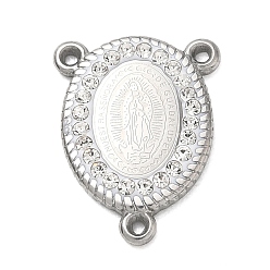 Stainless Steel Color Religion 304 Stainless Steel Chandelier Components Links, with Clay Pave Crystal Rhinestone, Oval with Virgin Mary Rosary Centers, Stainless Steel Color, 18x14x2.5mm, Hole: 1mm