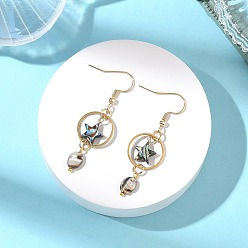 Звезда Женские серьги-подвески из натуральной раковины пауа и нержавеющей стали, с 304 нержавеющей стали серьги крючки, золотые, звезда, 52x15.5 мм