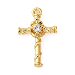 Настоящее золото 18K Латунные микропаве прозрачные кубические циркониевые подвески, без кадмия, без никеля и без свинца, крестик, реальный 18 k позолоченный, 14.5x9.5x3.5 мм, отверстие : 1 мм