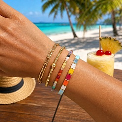 Golden Colorful Glass Gemstone Brass Beaded Stretch Bracelet Sets, 304 Stainless Steel Paperclip Chain Bracelets, Adjustable Stackable Bracelets, Golden, 6.30 inch(16cm)~6.69 inch(17cm), 4pcs/set