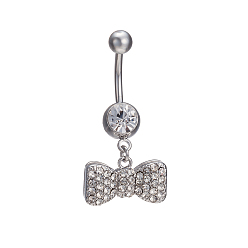Platin Farbe Piercing Schmuck echte platinierte Messing Strass Bowknot Nabel Ring Bauchringe, 36x17 mm, Stangenlänge: 3/8"(10mm), Stange: 14 Spurweite(1.6mm)