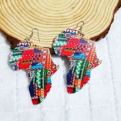 Разноцветный Серьги-подвески из печатного дерева, Карта Африки, платина, красочный, 80x70 мм