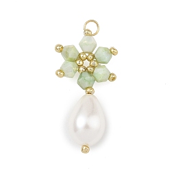 Dark Sea Green Electroplate Glass Pendants, Snowflake with Teardrop Charm, with 304 Stainless Steel Open Jump Rings & Glass Pearl & Glass Seed Beads, Faceted, Dark Sea Green, 31x15x9mm, Hole: 3mm