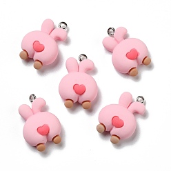 Pearl Pink Opaque Resin Pendants, with Platinum Tone Iron Loops, Rabbit Butt, Pearl Pink, 25x17x9mm, Hole: 2mm