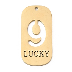 Настоящее золото 18K 304 подвески из нержавеющей стали, овал с цифрой 9 и словом «счастливый», ионное покрытие (ip), реальный 18 k позолоченный, 35x17x1.5 мм, отверстие : 1.8 мм
