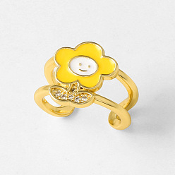 Gold Brass Micro Pave Clear Cubic Zirconia Cuff Open Rings, Flower, Golden, Gold, 17mm