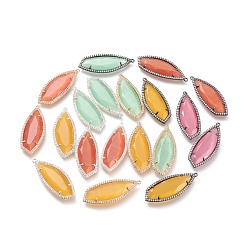 Mixed Color Faceted Cat Eye Pendants, with Brass Open Back Settings and Micro Pave Clear Cubic Zirconia, Leaf, Mixed Color, 38x15x4.3mm, Hole: 1.2mm