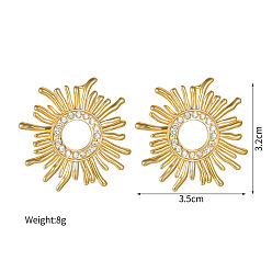 Золотой 304 Серьги-гвоздики из нержавеющей стали с прозрачным фианитом и микропаве, солнце, золотые, 35x32 мм