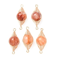 Красный Кварц Круглые соединительные подвески из натурального железистого кварца с медной проволочной обмоткой в виде елочки., золотые, долговечный, 27~28x10x11 мм, отверстие : 1.4~1.6 мм