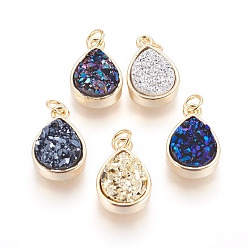 Mixed Color Druzy Resin Pendants, with Brass Finding, teardrop, Golden, Mixed Color, 18x11.5x4~6mm, Hole: 3mm