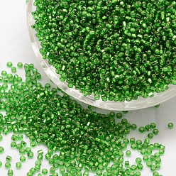 Зеленый 6/0 круглые бусины из стекла семян, серебряная линия квадратное отверстие, прозрачные цвета, зелёные, 3.6~4.0 мм, отверстия : 1.2 mm, около 5000 шт / фунт