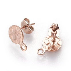 Розовое Золото Ионное покрытие (ip) 304 детали серьги-гвоздики из нержавеющей стали, с петлей, ушные гайки, текстурированный плоский круглый, розовое золото , 11.5x8x0.8 мм, отверстие : 1.8 мм, штифты : 0.8 мм