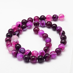 Deep Pink Natural Striped Agate/Banded Agate Bead Strands, Round, Grade A, Dyed & Heated, Deep Pink, 6mm, Hole: 1mm, about 62~63pcs/strand, 14.5 inch