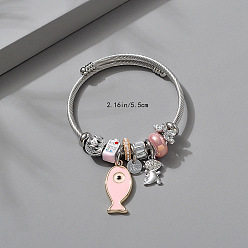 Pink Регулируемые европейские браслеты из нержавеющей стали, браслеты с подвесками для женщин, рыба и динозавр, со сплавом, стразами, эмалью и смолой, розовые, внутренний диаметр: 2-1/8 дюйм (5.5 см)