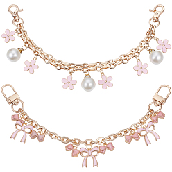 Light Gold 2Pcs 2 Styles Pink Zinc Alloy Enamel Bowknot Flower Charm Cable Chain Purse Chains, with Alloy Swivel Clasps, Light Gold, 205~260mm, 1pc/style 