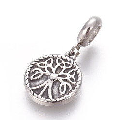 Antique Silver 304 Stainless Steel Pendants, Large Hole Pendants, Flat Round with Tree, Antique Silver, 29mm, Hole: 5.3mm, Pendant: 17.5x15x2.5mm