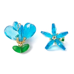 Темно-Голубой Стеклянные подвески, цветочный шарм, с 304 петлями из нержавеющей стали и бусинами, граненые, глубокое синее небо, 24x24x21.5 мм, отверстие : 3x2 мм