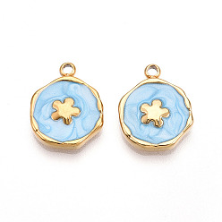Светло-Голубой 304 подвески из нержавеющей стали, с эмалью, плоский круглый с цветными чарами, ионное покрытие (ip), реальный 18 k позолоченный, Небесно-голубой, 16x13x2.5 мм, отверстие : 1.6~1.8 мм
