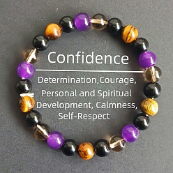 Смешанные камни Круглые натуральные бусины из тигрового глаза, черного обсидиана, аметиста и дымчатого кварца, эластичные браслеты для девушек и женщин, 5-7/8~7-7/8 дюйм (15~20 см)