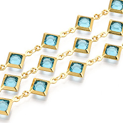 Темно-бирюзовый Латунные ромбозвенные цепи, со стеклом, пайки, с катушкой, долговечный, золотые, темные бирюзовый, 15x9x2.5~3 мм, около 32.81 футов (10 м) / рулон