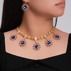 Темно-Синий Комплекты из ожерелий с подвесками из сплава и стекла и серег-гвоздиков, цветок, темно-синий, колье: 18.50 дюйм (47 см)