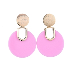 Hot Pink Opaque Acrylic Stud Earrings, with Brass Findings and Ear Nuts, Flat Round, Hot Pink, 51mm, Pin: 0.8mm