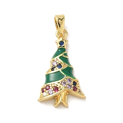 Рождественская елка Рождественские латунные подвески с микропаве из фианита, с эмалью, золотые, рождественская елка, 22.5x13x4 мм, отверстие : 4x3 мм