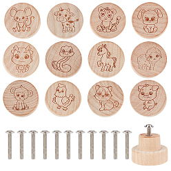 Mixed Shapes 24 шт 12 стили китайские зодиакальные деревянные ручки для ящиков, плоская круглая ручка выдвижного ящика, железный винт, для дома, кабинет, шкаф и комод, разнообразные, 36x25 мм, 2 шт / стиль