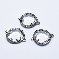 Clear Brass Micro Pave Cubic Zirconia Links, with Glass, Faceted, teardrop, Gunmetal, Clear, 28x23x5mm, Hole: 1.6mm