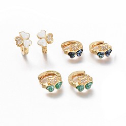 Золотой Серьги-кольца из латуни с микропаве из прозрачного кубического циркония, с естественной оболочке, долговечный, трилистник, золотые, 10.5x9x2.2 мм, штифты : 1 мм