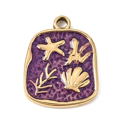 Purple 303 Stainless Steel Enamel Pendants, Rectangle with Starfish & Shell Shape Charms, Ion Plating(IP), Golden, Purple, 26x20.5x3mm, Hole: 3mm
