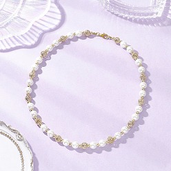 Золотой Ожерелья из латунных полых круглых и стеклянных бусин с жемчугом для женщин и мужчин, белые, золотые, 16.81 дюйм (42.7 см)