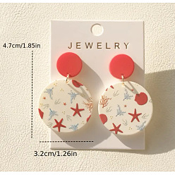 Красный Акриловые болтаться серьги стержня, плоские круглые с морскими звездами рисунком, красные, 47x32 мм