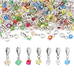 (52) Непрозрачная лаванда 105шт 7 цвета гальванические прозрачные стеклянные подвески, кубические, с петлями из сплава, граненые, разноцветные, 22x5 мм, отверстие : 2 мм, 15 шт / цвет