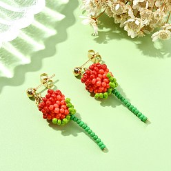 Оранжево-Красный 304 серьги-гвоздики из нержавеющей стали с розовым стеклом и бусинами, золотые, оранжево-красный, 43~44x11~13 мм